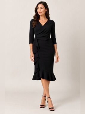Elegant Black Ruffle Wrap Midi Dress
